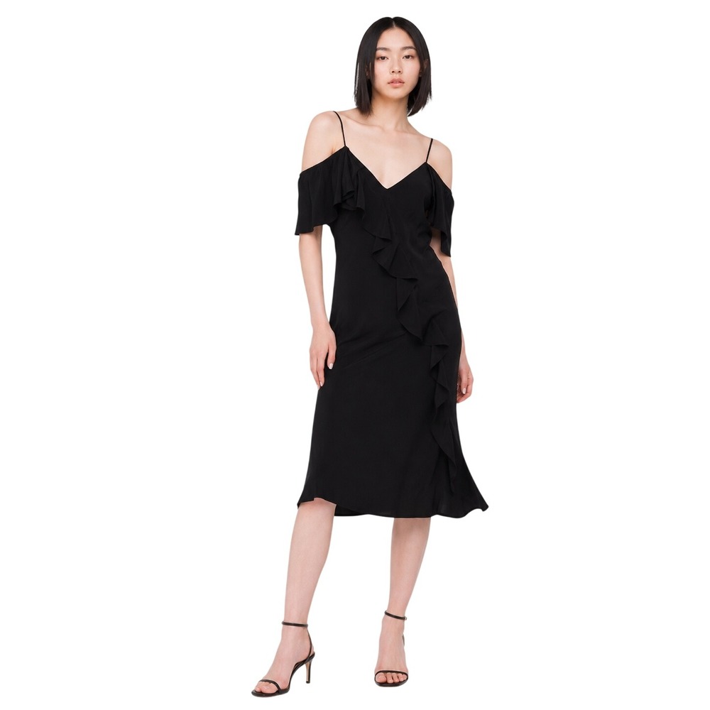 Gold Hawk Dress Black Silk Ruffle Detail V-Neck Cold Shoulder Midi
